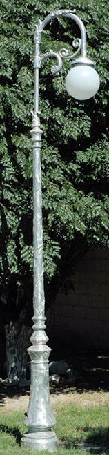 cast aluminum french single lamp post with arm down and 12 inch round globe