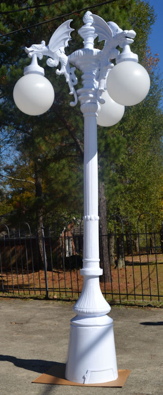3 arm gargoyle street lamp with white powder coat finish