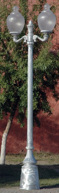two arm two light traditional victorian street lamp with tall shaft made from cast aluminum